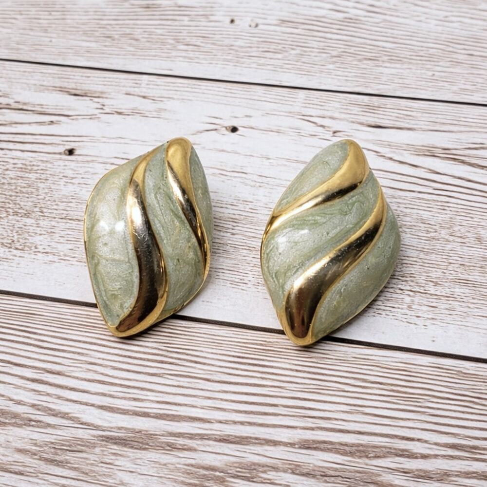 Vintage Clip On Earrings - Light Green and Gold Tone Large Statement